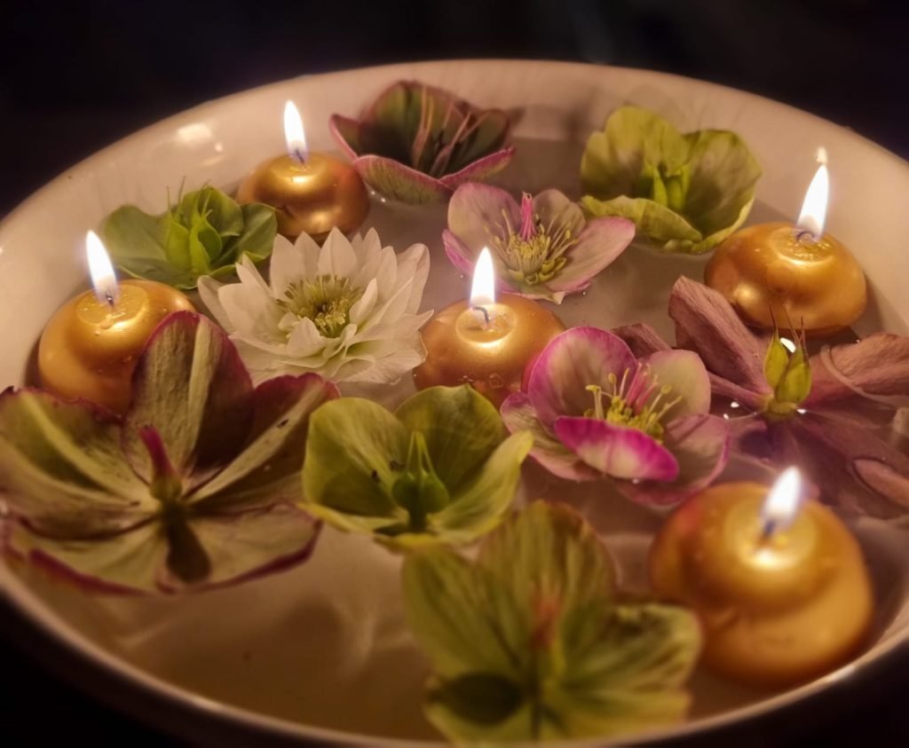 Spring flowering Hellebores floating with candles in a bowl