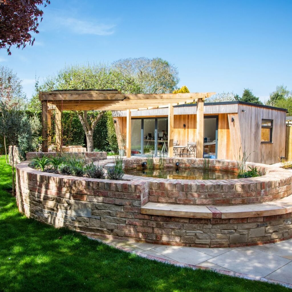 Hard landscaped garden in the summer